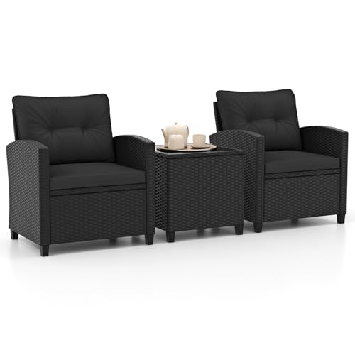 HAPPYGRILL 3 Pieces Wicker Patio Conversation Set, PE Rattan Bistro Sofa Set with Tempered Glass Coffee Table, Washable Cushions, Outdoor Furniture Set for Garden Poolside Balcony (Black)