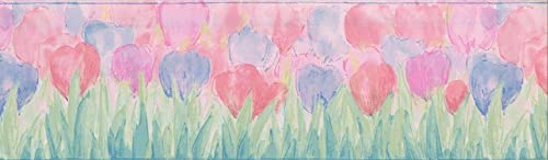 Concord Wallcoverings ™ Prepasted Floral Style Wallpaper Border Featuring Watercolor Tulips Painting, Colors Pink Blue Green, Size 7 Inch By 15 Ft Ct78172 #TOP1