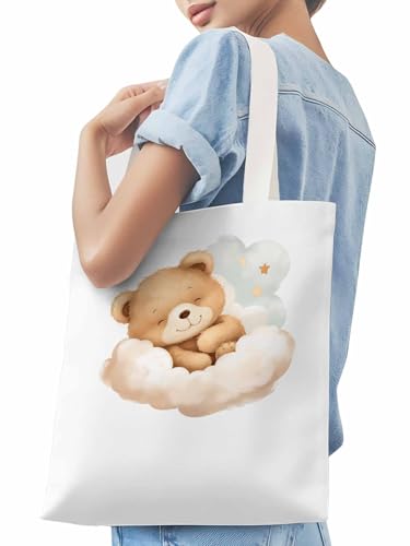 Canvas Tote Bag, Cute Animals Aesthetic Canvas Tote Handbags for Women Shoulder Bag Watercolor Clouds3