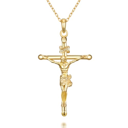 NORBU 925 Sterling Silver Crucifix Necklace for Women, 18K Gold Plated Womens Cross Pendant Necklaces with 18/20 inch Chain, Catholic Jesus Christian Jewelry Religious Gift for Her