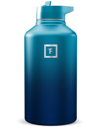 Image of IRON FLASK Camping & Hiking Hydration Flask with Straw, Wide Mouth Insulated Stainless Steel Sports Water Bottle - Dark Night 64 oz - Straw (1 Lid)