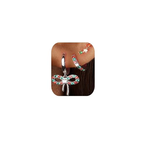 Macachii 3 Pairs Christmas Earrings 925 Sterling Silver Festive Earrings Set for Women Red Green Bow Dangle Small Hoop and Stud Xmas Earring Hypoallergenic Winter Holiday Jewellery Gifts for Girls
