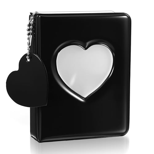 Image of Mini Photo Album, Mini Photo Album Keychain, Small Photo Card Book Love Heart Hollow Photos Card ID Holder with Pendant for Collection, 32 Pockets(Black)