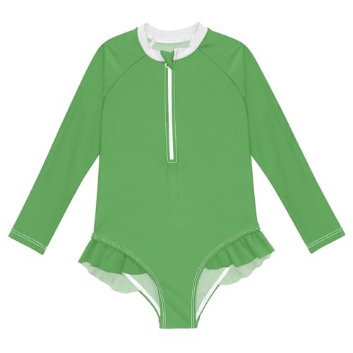 Plain Middle Green Baby Girl Bathing Suit Long Sleeve UPF 50+ One Piece Toddler Swimsuit Size 4t