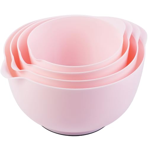 BoxedHome 4-teiliges Rührschüssel Set aus BPA-freiem Kunststoff, Zartrosa - mit Ausgießer, rutschfestem Boden und Griff, stapelbar, spülmaschinen- und mikrowellengeeignet, ideal für Backen und Kochen