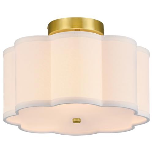 VONLUCE Semi Flush Mount Ceiling Light, 12.6' Ceiling Light Fixture with Flower-Shaped Fabric Shade, 3-Light Modern Light Fixture for Bedroom Living Room Nursery Hallway, White Shade & Gold Finish