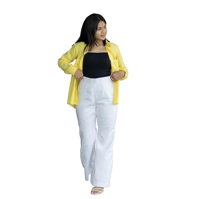 Women's 2 Piece Co-Ord Set | Yellow Full Sleeve Open Front Shirt, Black Camisole Top & White Wide Leg Palazzo Pants | Casual Western Outfit | Cotton Blend | Regular Fit-picture-38
