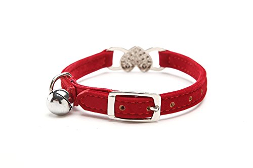CHUKCHI Pink Soft Velvet Safe Cat Adjustable Collar with Crystal Heart Charm and Bells 8-11 Inches (Red) CHUKCHI Pink Soft Velvet Safe Cat Adjustable Collar with Crystal Heart Charm and Bells 8-11 Inches (Red)