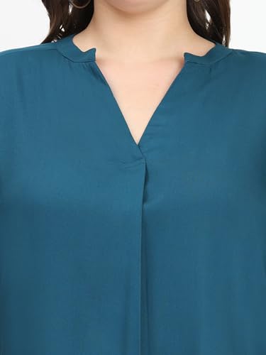 Image of SINDOORI Relaxed Fit Tops for Women Plus Size Solid Printed Mandarin Collar, Band Collar, V-Neck Top, Half Sleeve Loose Fit