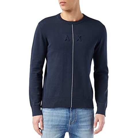 Armani Exchange Línea Frontal, Logotipo Bordado Suéter, Azul y Blanco, XS para Hombre Cover