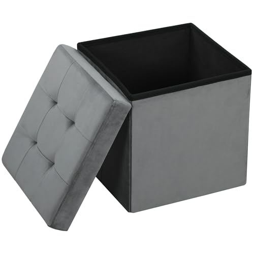 HOMCOM Tabouret, Pouf Coffre Rangement, Pouf Repose-Pieds en Tissu Velours, pour la Chambre à Coucher, entrée, Salon, Charge 120 Kg, 38 x 38 x 38 cm, Gris