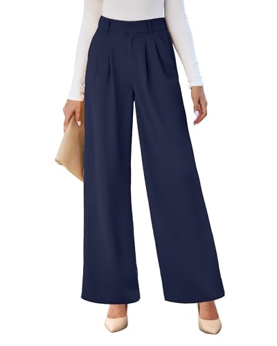 GRAPENT Women's Work Pants - Business Casual Flowy High Waisted Wide Leg Slacks in Navy Blue Size X-Large/16-18