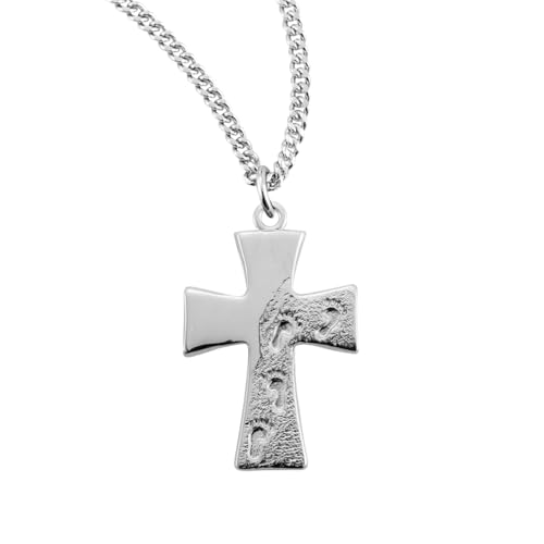 Sterling Silver Ladie's Walking With Jesus Footprints in Sand Christian Cross, Stainless Steel Chain, Made in USA- Deluxe Velvet Gift Box