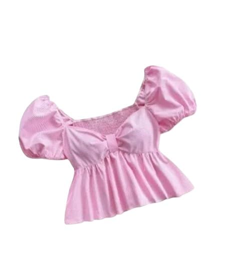 Women's Pink Puff Sleeve Peplum Top, Smocked Back, Bow Detail, Square Neck, Casual Summer Blouse-picture-41