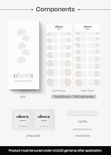 Image of ohora Semi Cured Gel Nail Strips (N Sylph) - White, French, Works with Any UV /LED Lamps, Salon-Quality, Long Lasting, Easy to Apply & Remove - Includes 2 Prep Pads, Nail File & Wooden Stick
