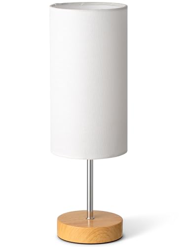 Small Table Lamp for Night Stands, Round White Fabric Shade and Wood Base, Modern Minimalist Bedside Lamps for Bedroom Dresser, Living Room, Dffice Desk, College Rorm, Warm Light, 5W LED Bulb Included
