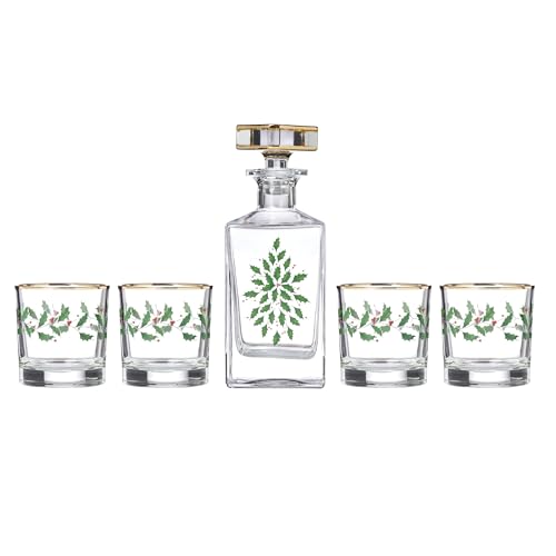 Lenox 896709 Holiday 5-Piece Decanter & Whiskey Glass Set, Christmas Dinnerware, Hosting