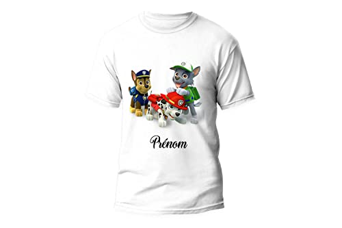 T Shirt Enfant Pat Patrouille avec prénom -Enfant Garçon et Fille-Taille au Choix-Ultra résistant-Agréable au Toucher Blanc 4 ans