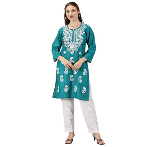 Image of FCH, Fashionable Chikan Handikraft Women's Cotton Lucknowi Chikankari Printed Straight Kurta for Regular Wear Girls Flared Kurta