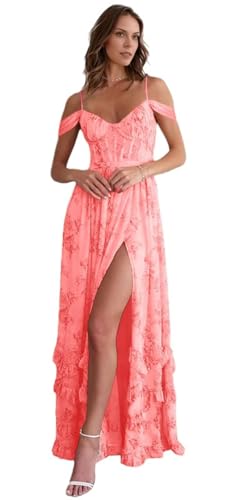 Off The Shoulder Bridesmaid Dresses with Slit Spaghetti Strap Floral Chiffon Formal Evening Gowns for Women Elegant