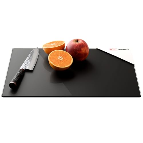 ALLboards Plaque de Protection en Verre Trempé Universel et Multifonction 30x40cm avec Style Noir Sombre, Planche à Découper, Plateau en Verre