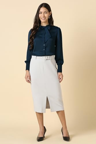 Image of Allen Solly Women's Solid Tie-Up Shirt | Knot-Front Detail | Regular Fit | Soft Breathable Fabric | Smart Casual Wear