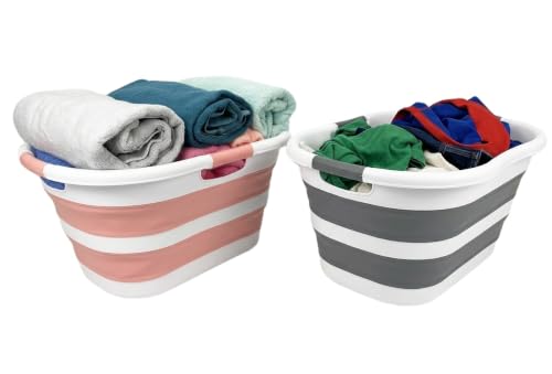 Image of SAMMART 40L (10.5 gallon) Set of 2 Collapsible Plastic Laundry Hamper - Foldable Pop Up Storage Container /Organizer - Portable Washing Tub - Space Saving Basket (2, Steel Gray+Quartz Pink)