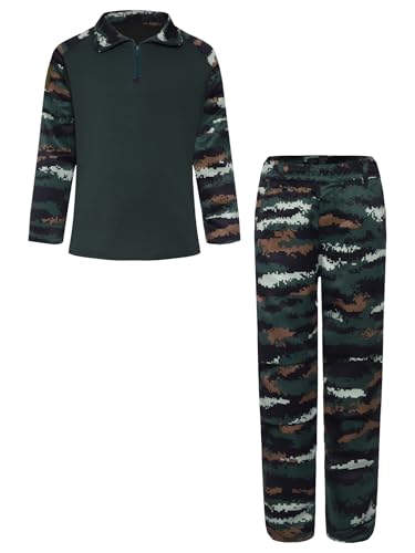 Unisex Kids 2Pcs Tracksuit Camouflage Print Military Training Clothing Sportswear Short Sleeve Top with Pants B Green 13-14 Years3