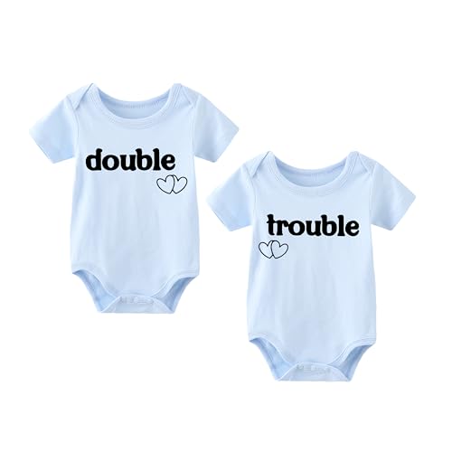 Image of babytwinssuit Baby Twins Bodysuit Double Trouble Newborn Baby Clothes Cute Outfits Toddler Boy Girl Romper Set(blue 9m)