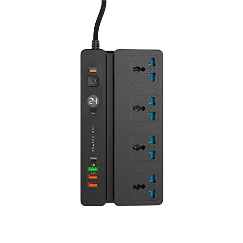 Powerology Universal Socket 4 AC 3 USB Ports & USB-C PD 35W Multiport with Phone Stand and Timer, Fire-Proof Protection, Power Strip 3M Wall Plug Adapter Extension Cord (Black)