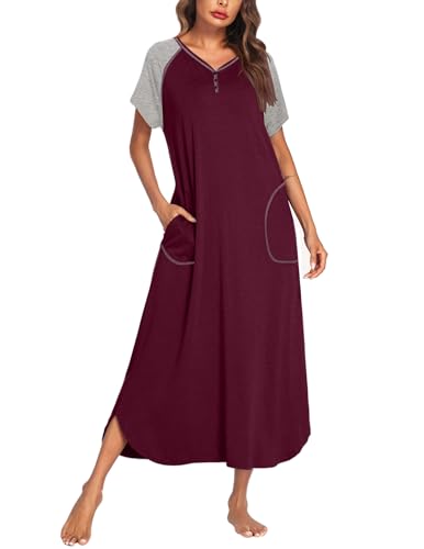 Image of Ekouaer Long Nightgown Women's Loungewear Short Sleeve Sleepwear Full Length Sleep Shirt with Pockets