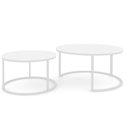 GREKPOL Couchtisch 2er Set - Runde Couchtische 48x70 + 42x50 cm - Rund Couchtisch Weiß Glanz - Coffee Table - Kafeetisch