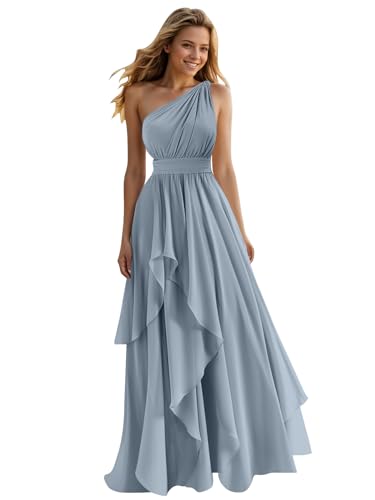 One Shoulder Bridesmaid Dresses for Women Ruffles A-Line Chiffon Ruched Formal Gown with Pockets4