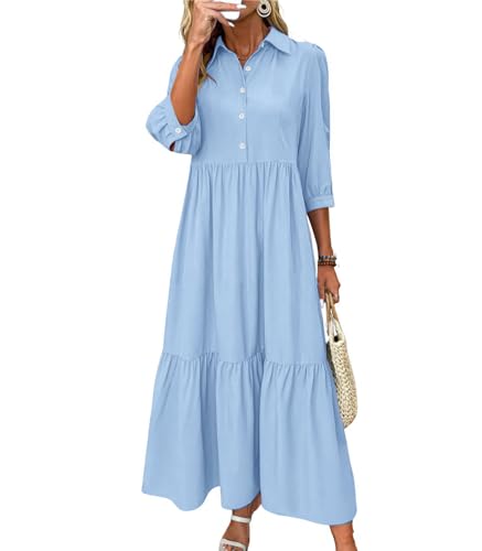 chouyatou Women's Casual Button Up Polo Collar Shirt Dress 3/4 Sleeve Ruffle Tiered Maxi Long Dress