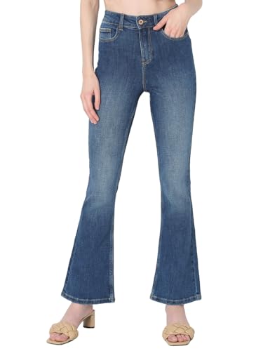 Image of VERO Moda Women High Rise High Waist Bootcut Flared Jeans | Wide Leg Bell Bottom Denim | Stretchy & Stylish Retro Look