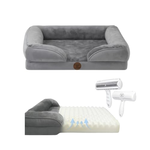 ZURMATRADE Orthopädisches Hundebett mit Memory Foam – Waschbar, rutschfest & bequem – Für große & kleine Hunde – Grau, Tierhaarentferner
