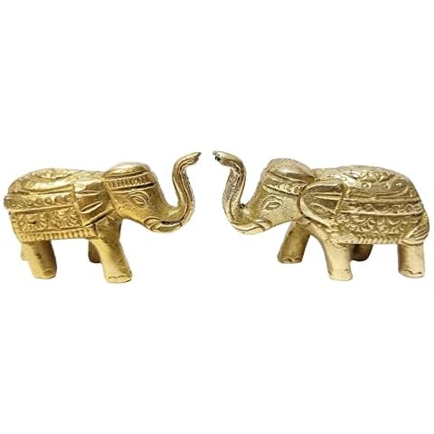 athizay Elephant Pair of 2 Brass Statue Decorative Item for Home or Office Table Indian Pooja Mandir Decoration and Gifting Cover