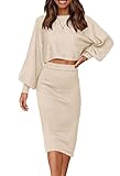 ZESICA Women's Casual Two Piece Outfits Long Sleeve Ribbed Knit Top and Bodycon Midi Skirt Oversized Pullover Sweater Sets,Apricot,Medium