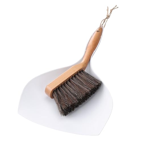 Navaris Juego de Escoba y Recogedor Retro - Cepillo de Crin con Mango de Madera y Pala Pequeña de Mano Negra para Barrer - Recoge Basura y Migas de Pan para Suelos y Mesa - Blanco