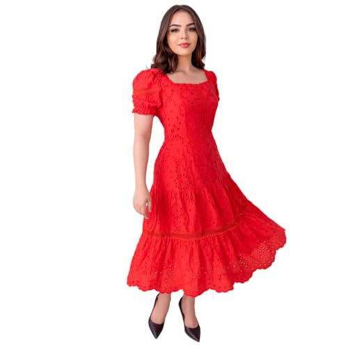 Vestido Feminino Tecido Lese 100% Algodão Manga Curta Moda Evangé...