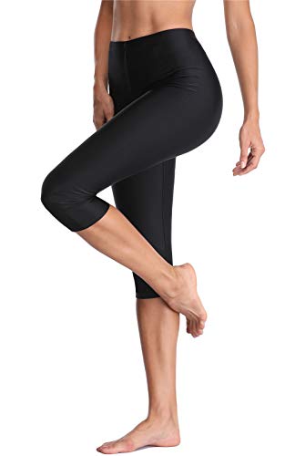 Alove Long Swim Short For Women High Waist Swim Capris Pants Boardshorts Black L #TOP3