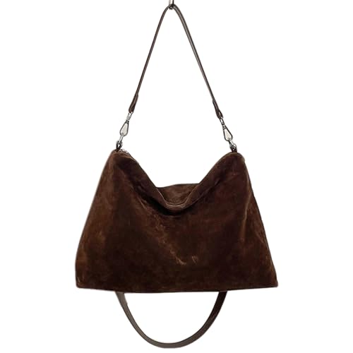 Ferricult Bolso de ante marrón para mujer, bolso de ante vintage holgado con cremallera para el trabajo escolar, viajes, compras, decoración del hogar