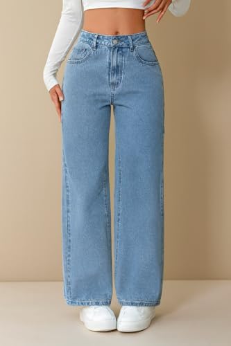 Image of Ice Blue High Waist Wide Leg Denim Jeans for Women.