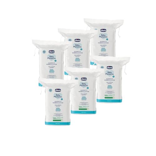 Chicco Baby Moments Quadrotti in Cotone Morbido, 360 Pezzi, 100% Cotone Puro, Multipack 6x60, Pacco scorta