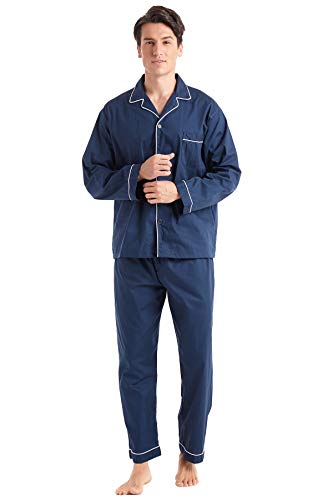 TONY AND CANDICE Mens Cotton Pajama Set, Long Sleeve Button-Down Woven Sleepwear (Dark Navy with White Piping, Medium)