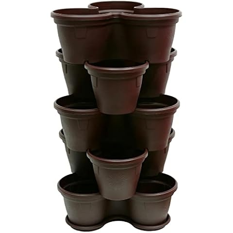 ENGELLAND 5X Blumentopf Säulentopf Pflanzturm Hochbeet Pflanztopf-Kübel mit Untersetzer stapelbar widerstandsfähig Kunststoff Braun Cover