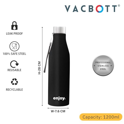 Image of CLAY CRAFT VACBOTT Bingo Single Walled Non Insulated Water Bottle, 1200 ML - 1 Piece (Black) Steel Water Bottles for School, Office, Home, Gym, Water Bottle for Men Leakproof, Rust Free Steel Bottle