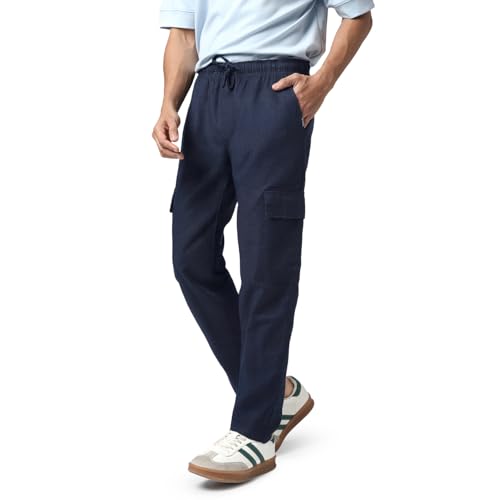 Image of Urbano Fashion Men's Straight Fit Linen Cargo Pants with 6 Pockets