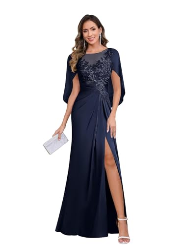 Cape Sleeve Tulle Mother of The Bride Dresses for Women Lace Applique Boat Neck Mother of The Groom Dresses with Split4