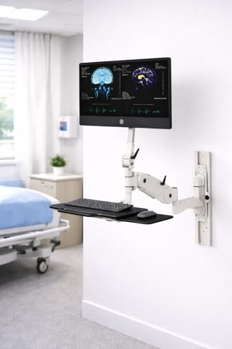Image of PE04 Wall Mount Medical Workstation with Monitor Arm & Keyboard Tray, Adjustable Height, Space-Saving Design, Durable White Finish for Hospital, Clinic & Healthcare Use